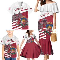 Personalized Riga Town Hall Square Latvia Family Matching Mermaid Dress and Hawaiian Shirt Coat of Arms