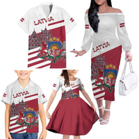 Personalized Riga Town Hall Square Latvia Family Matching Off The Shoulder Long Sleeve Dress and Hawaiian Shirt Coat of Arms