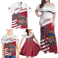 Personalized Riga Town Hall Square Latvia Family Matching Off Shoulder Maxi Dress and Hawaiian Shirt Coat of Arms