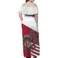 Personalized Riga Town Hall Square Latvia Family Matching Off Shoulder Maxi Dress and Hawaiian Shirt Coat of Arms