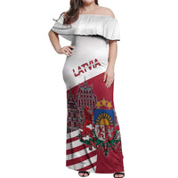 Personalized Riga Town Hall Square Latvia Off Shoulder Maxi Dress Coat of Arms