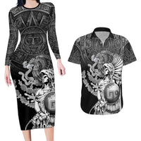 Mexico Aztec Warrior Couples Matching Long Sleeve Bodycon Dress and Hawaiian Shirt Huitzilopochtli With Aztec Calendar