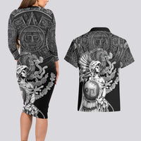 Mexico Aztec Warrior Couples Matching Long Sleeve Bodycon Dress and Hawaiian Shirt Huitzilopochtli With Aztec Calendar