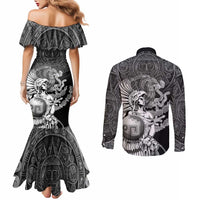 Mexico Aztec Warrior Couples Matching Mermaid Dress and Long Sleeve Button Shirt Huitzilopochtli With Aztec Calendar