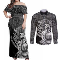 Mexico Aztec Warrior Couples Matching Off Shoulder Maxi Dress and Long Sleeve Button Shirt Huitzilopochtli With Aztec Calendar