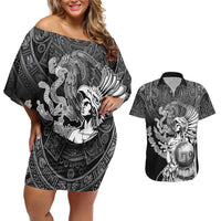 Mexico Aztec Warrior Couples Matching Off Shoulder Short Dress and Hawaiian Shirt Huitzilopochtli With Aztec Calendar