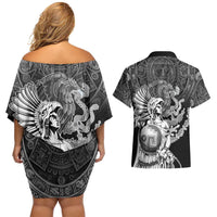 Mexico Aztec Warrior Couples Matching Off Shoulder Short Dress and Hawaiian Shirt Huitzilopochtli With Aztec Calendar