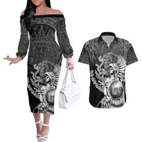 Mexico Aztec Warrior Couples Matching Off The Shoulder Long Sleeve Dress and Hawaiian Shirt Huitzilopochtli With Aztec Calendar