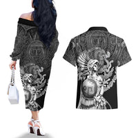 Mexico Aztec Warrior Couples Matching Off The Shoulder Long Sleeve Dress and Hawaiian Shirt Huitzilopochtli With Aztec Calendar