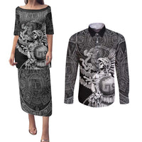 Mexico Aztec Warrior Couples Matching Puletasi and Long Sleeve Button Shirt Huitzilopochtli With Aztec Calendar