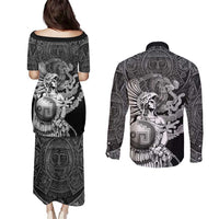 Mexico Aztec Warrior Couples Matching Puletasi and Long Sleeve Button Shirt Huitzilopochtli With Aztec Calendar