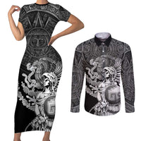 Mexico Aztec Warrior Couples Matching Short Sleeve Bodycon Dress and Long Sleeve Button Shirt Huitzilopochtli With Aztec Calendar