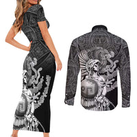 Mexico Aztec Warrior Couples Matching Short Sleeve Bodycon Dress and Long Sleeve Button Shirt Huitzilopochtli With Aztec Calendar
