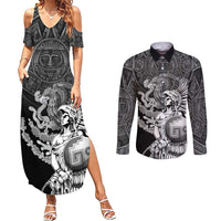 Mexico Aztec Warrior Couples Matching Summer Maxi Dress and Long Sleeve Button Shirt Huitzilopochtli With Aztec Calendar