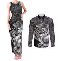 Mexico Aztec Warrior Couples Matching Tank Maxi Dress and Long Sleeve Button Shirt Huitzilopochtli With Aztec Calendar