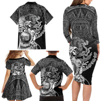 Mexico Aztec Warrior Family Matching Long Sleeve Bodycon Dress and Hawaiian Shirt Huitzilopochtli With Aztec Calendar