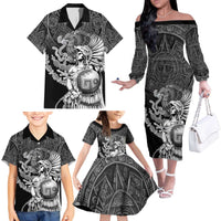 Mexico Aztec Warrior Family Matching Off The Shoulder Long Sleeve Dress and Hawaiian Shirt Huitzilopochtli With Aztec Calendar