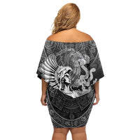 Mexico Aztec Warrior Family Matching Off Shoulder Short Dress and Hawaiian Shirt Huitzilopochtli With Aztec Calendar