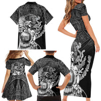 Mexico Aztec Warrior Family Matching Short Sleeve Bodycon Dress and Hawaiian Shirt Huitzilopochtli With Aztec Calendar