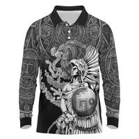 Mexico Aztec Warrior Long Sleeve Polo Shirt Huitzilopochtli With Aztec Calendar