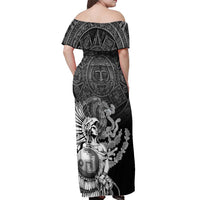 Mexico Aztec Warrior Off Shoulder Maxi Dress Huitzilopochtli With Aztec Calendar