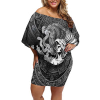 Mexico Aztec Warrior Off Shoulder Short Dress Huitzilopochtli With Aztec Calendar