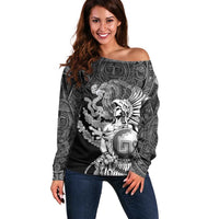 Mexico Aztec Warrior Off Shoulder Sweater Huitzilopochtli With Aztec Calendar