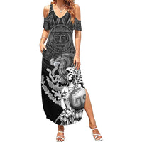 Mexico Aztec Warrior Summer Maxi Dress Huitzilopochtli With Aztec Calendar