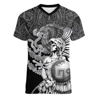 Mexico Aztec Warrior Women V-Neck T-Shirt Huitzilopochtli With Aztec Calendar