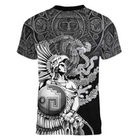 Mexico Aztec Warrior Women V-Neck T-Shirt Huitzilopochtli With Aztec Calendar