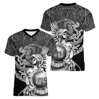 Mexico Aztec Warrior Women V-Neck T-Shirt Huitzilopochtli With Aztec Calendar