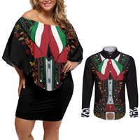 Mexico Cinco de Mayo Couples Matching Off Shoulder Short Dress and Long Sleeve Button Shirt Charro Suit Style