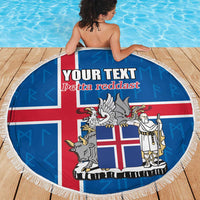 Personalized Iceland Coat of Arms Beach Blanket Runic Alphabet Viking Runes Pattern