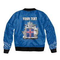 Personalized Iceland Coat of Arms Bomber Jacket Runic Alphabet Viking Runes Pattern