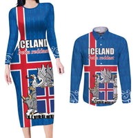 Personalized Iceland Coat of Arms Couples Matching Long Sleeve Bodycon Dress and Long Sleeve Button Shirt Runic Alphabet Viking Runes Pattern