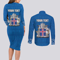 Personalized Iceland Coat of Arms Couples Matching Long Sleeve Bodycon Dress and Long Sleeve Button Shirt Runic Alphabet Viking Runes Pattern