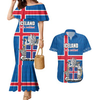 Personalized Iceland Coat of Arms Couples Matching Mermaid Dress and Hawaiian Shirt Runic Alphabet Viking Runes Pattern