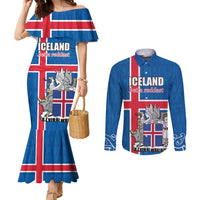 Personalized Iceland Coat of Arms Couples Matching Mermaid Dress and Long Sleeve Button Shirt Runic Alphabet Viking Runes Pattern
