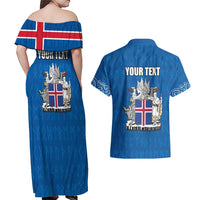 Personalized Iceland Coat of Arms Couples Matching Off Shoulder Maxi Dress and Hawaiian Shirt Runic Alphabet Viking Runes Pattern