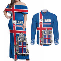 Personalized Iceland Coat of Arms Couples Matching Off Shoulder Maxi Dress and Long Sleeve Button Shirt Runic Alphabet Viking Runes Pattern