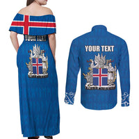 Personalized Iceland Coat of Arms Couples Matching Off Shoulder Maxi Dress and Long Sleeve Button Shirt Runic Alphabet Viking Runes Pattern