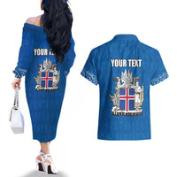 Personalized Iceland Coat of Arms Couples Matching Off The Shoulder Long Sleeve Dress and Hawaiian Shirt Runic Alphabet Viking Runes Pattern