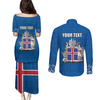 Personalized Iceland Coat of Arms Couples Matching Puletasi and Long Sleeve Button Shirt Runic Alphabet Viking Runes Pattern