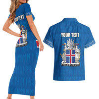 Personalized Iceland Coat of Arms Couples Matching Short Sleeve Bodycon Dress and Hawaiian Shirt Runic Alphabet Viking Runes Pattern