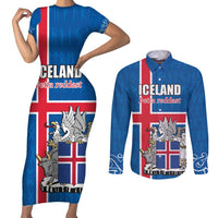 Personalized Iceland Coat of Arms Couples Matching Short Sleeve Bodycon Dress and Long Sleeve Button Shirt Runic Alphabet Viking Runes Pattern