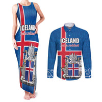 Personalized Iceland Coat of Arms Couples Matching Tank Maxi Dress and Long Sleeve Button Shirt Runic Alphabet Viking Runes Pattern
