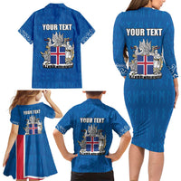Personalized Iceland Coat of Arms Family Matching Long Sleeve Bodycon Dress and Hawaiian Shirt Runic Alphabet Viking Runes Pattern