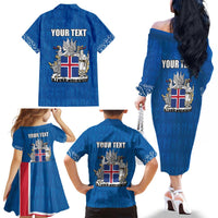 Personalized Iceland Coat of Arms Family Matching Off The Shoulder Long Sleeve Dress and Hawaiian Shirt Runic Alphabet Viking Runes Pattern