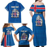 Personalized Iceland Coat of Arms Family Matching Off Shoulder Maxi Dress and Hawaiian Shirt Runic Alphabet Viking Runes Pattern