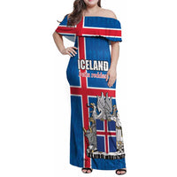 Personalized Iceland Coat of Arms Family Matching Off Shoulder Maxi Dress and Hawaiian Shirt Runic Alphabet Viking Runes Pattern